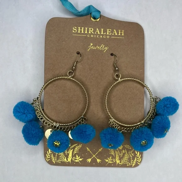 SHIRALEAH CHICAGO Zola Turquoise Blue Earrings Boho Gypsy Pom Hoops NWT - Picture 1 of 7